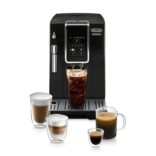 De'Longhi Dinamica Automatic Coffee & Espresso Machine TrueBrew (Iced-Coffee), Burr Grinder + Descaling Solution, Cleaning Brush & Bean Shaped Icecube Tray, Black, ECAM35020B